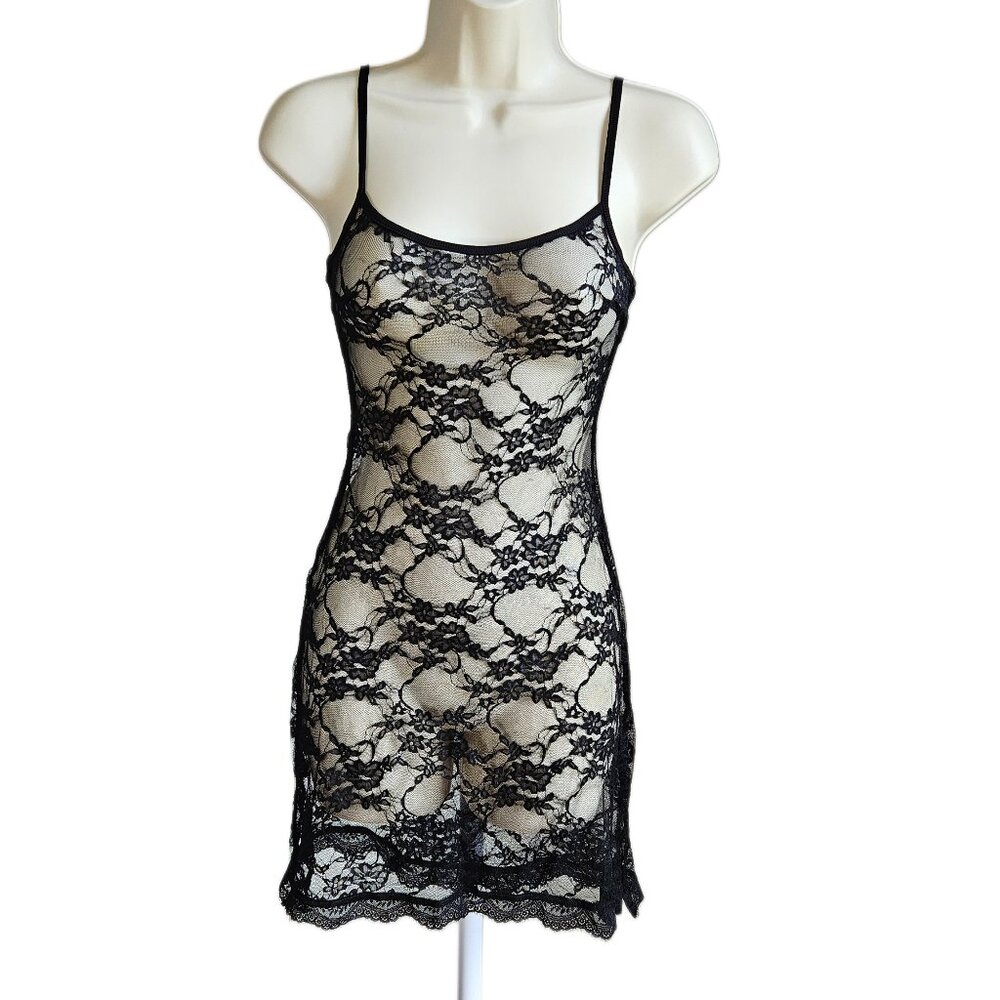 Y2K Whimsigoth Sheer Lace Black Floral Slip Dress, Small, New With Tags